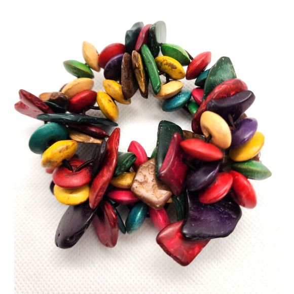 BRACELET-Wood Beaded Elastic-By Or In The Style of Addo Zakour-MultiColor - Picture 1 of 4